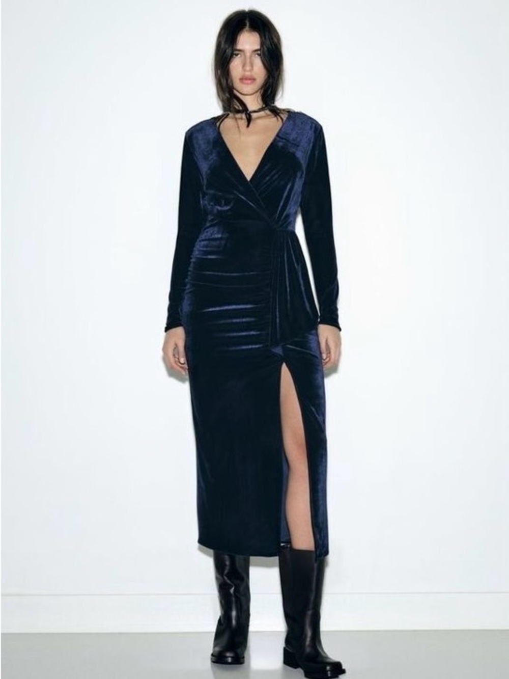 Zara Midnight Blue Ruched Velvet Midi Dress NWT